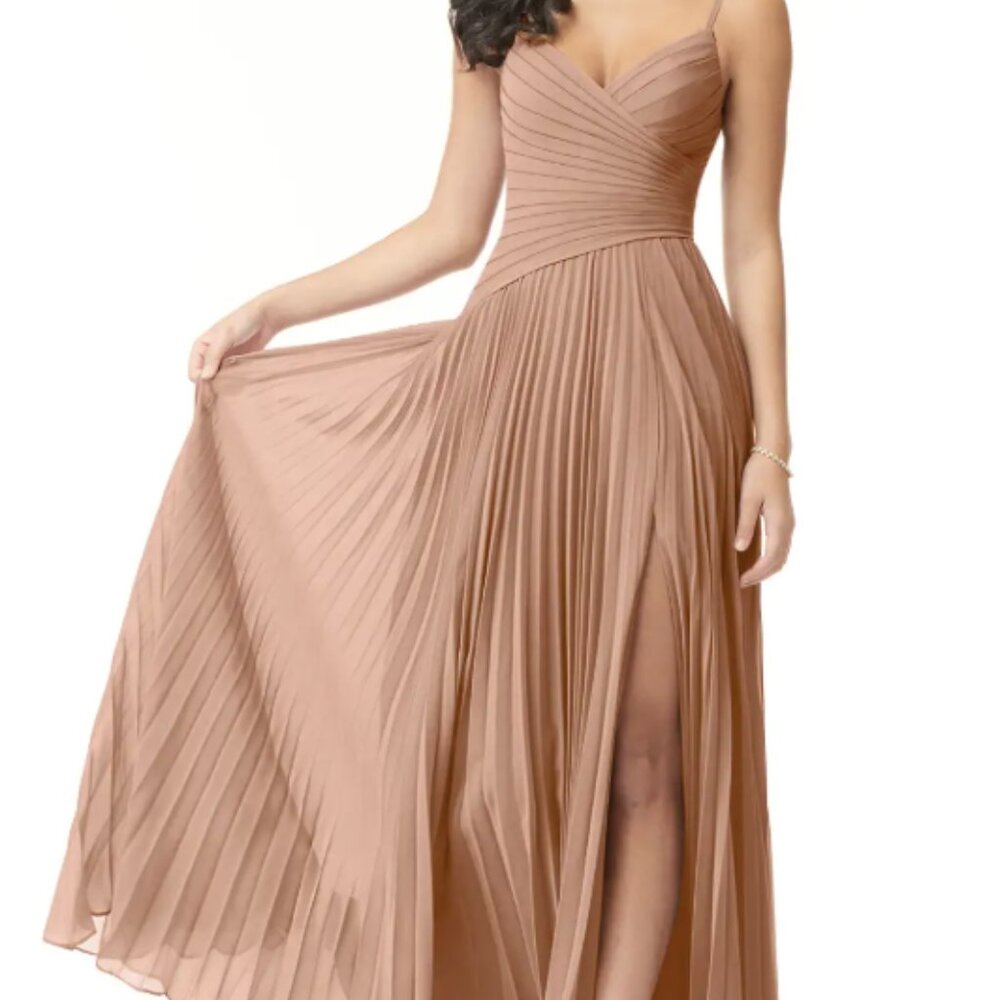 Azazie Vini Champagne Rose A-Line V-Neck Pleated Chiffon Dress